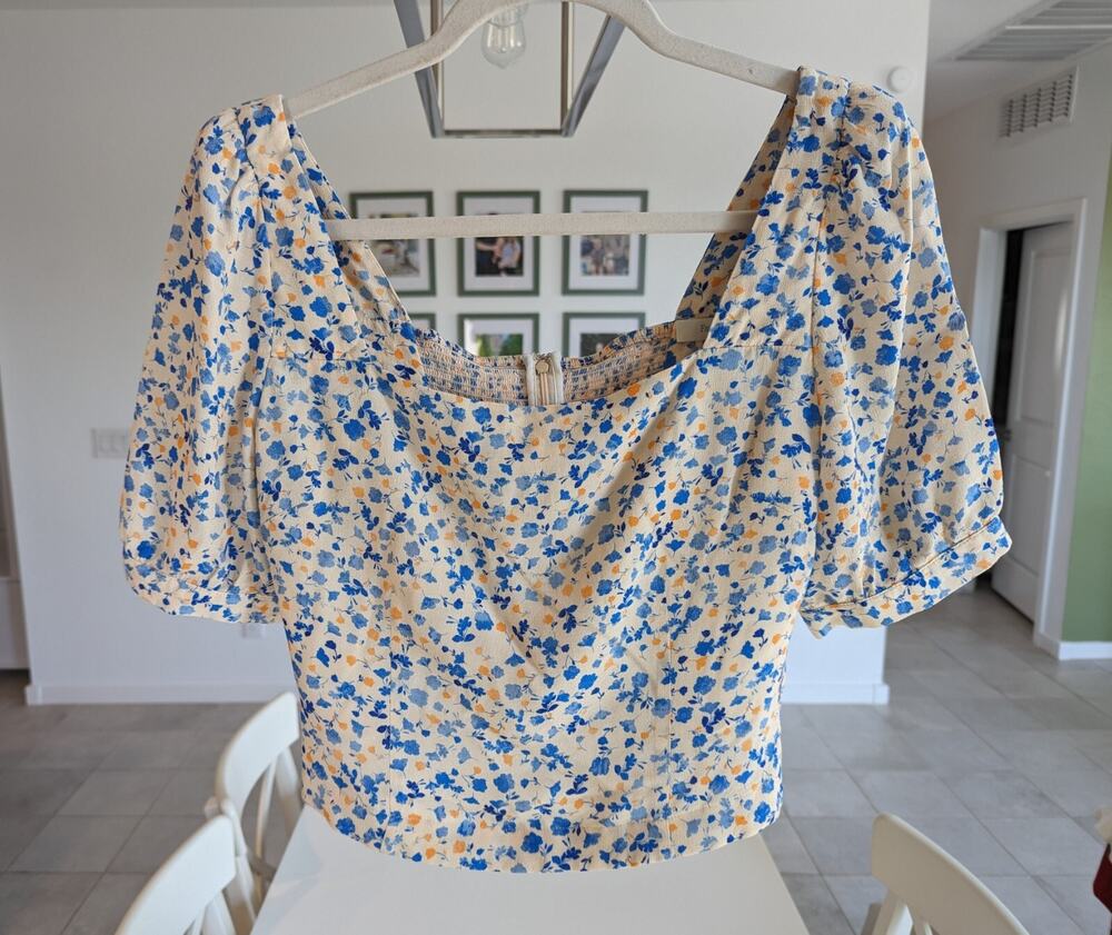 Favorite Daughter Square Neck Floral Print Blouse Top Blue Motif Satin Medium